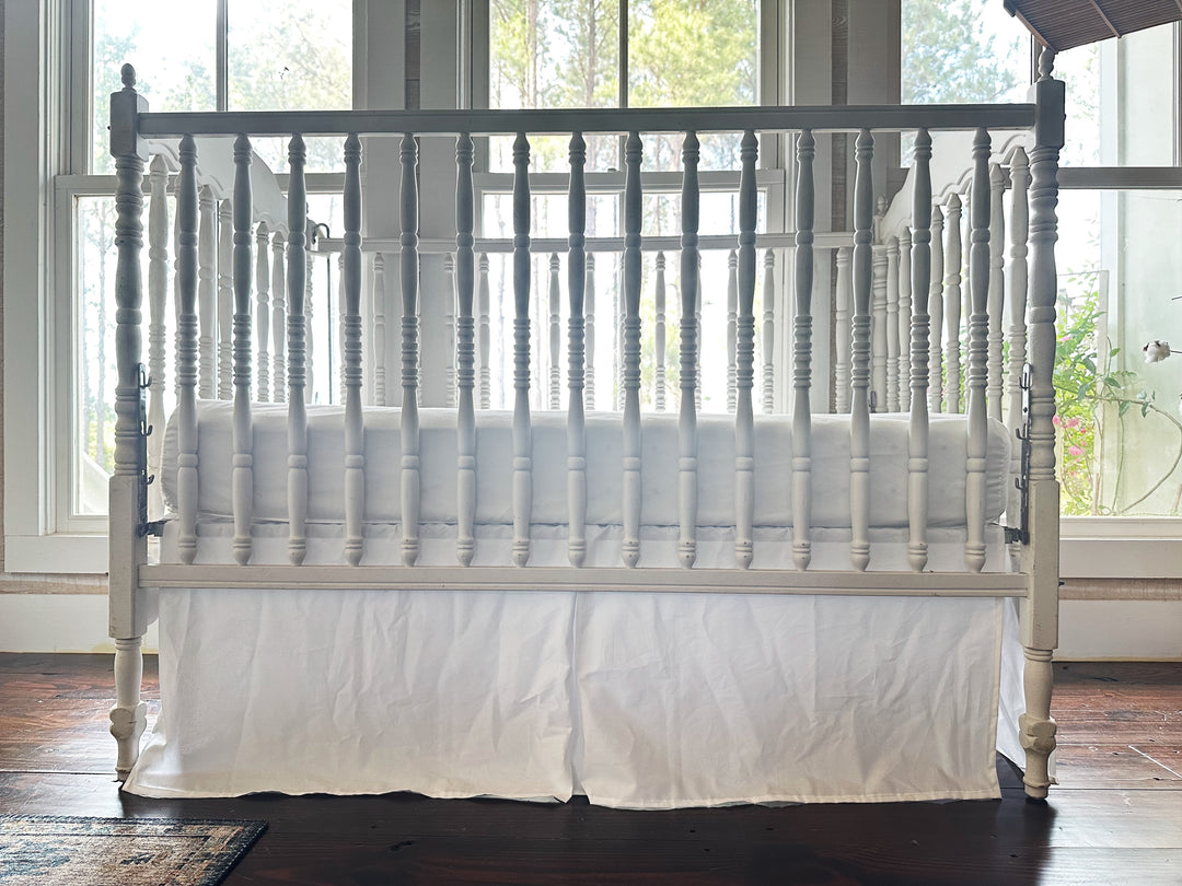 White pleated crib skirt handmade in Alabama, washed cotton