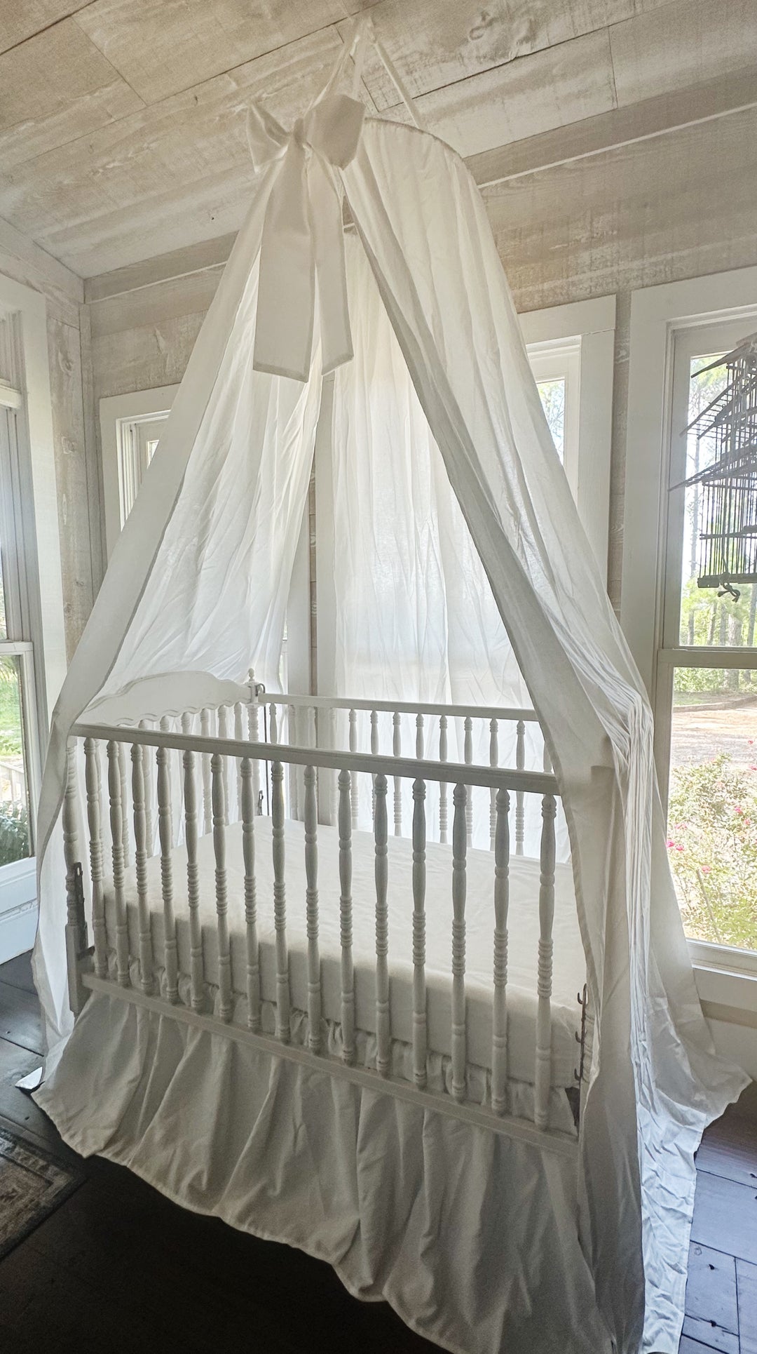 White Crib Canopy Set with Matching Crib Skirt — Farmhouse Nursery