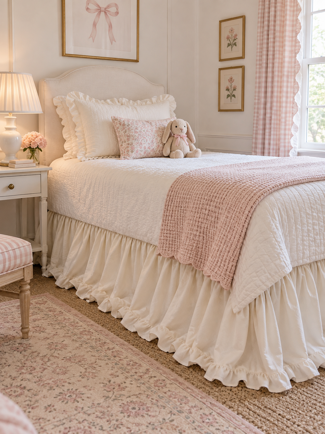 Ivory ruffled cotton twin bed skirt beside a white nightstand with a pink quilt folded across the bed - High Cotton Textile