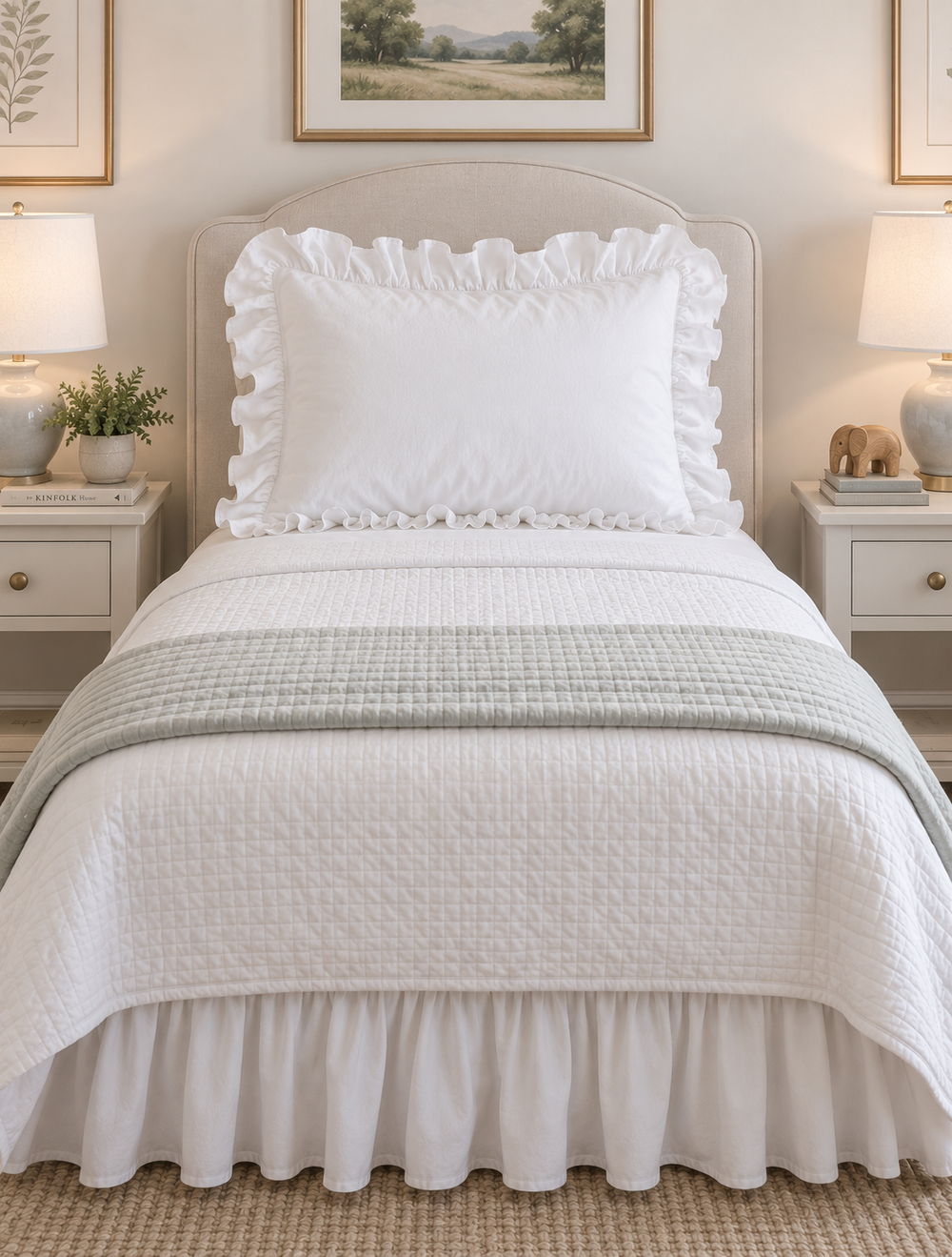 White ruffled pillow sham propped against an upholstered twin headboard - High Cotton Textile