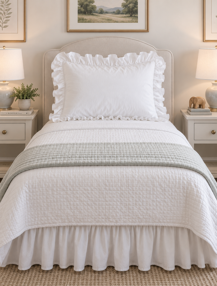 White ruffled pillow sham propped against an upholstered twin headboard - High Cotton Textile