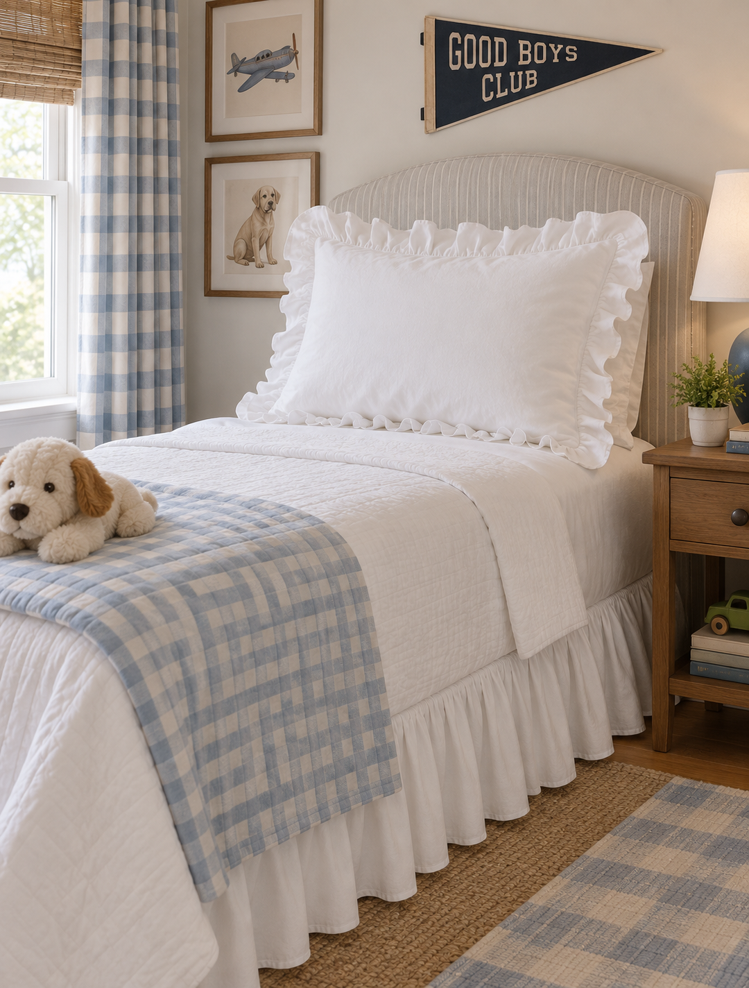 White ruffled pillow sham on a twin bed in a boy's room with blue gingham curtains - High Cotton Textile