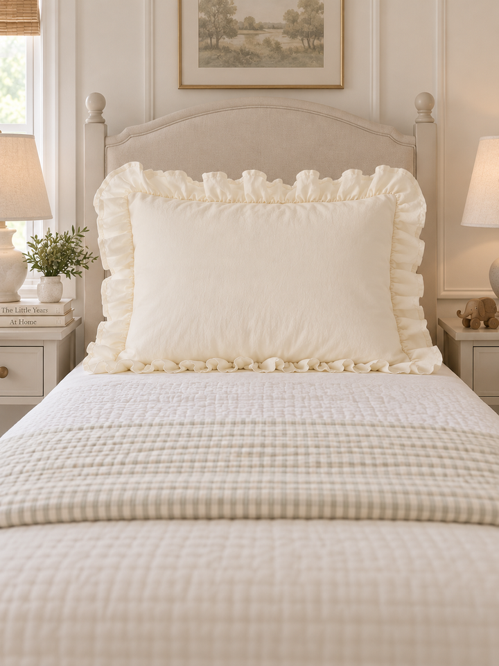 Ivory ruffled pillow sham centered on a twin bed against a linen headboard - High Cotton Textile