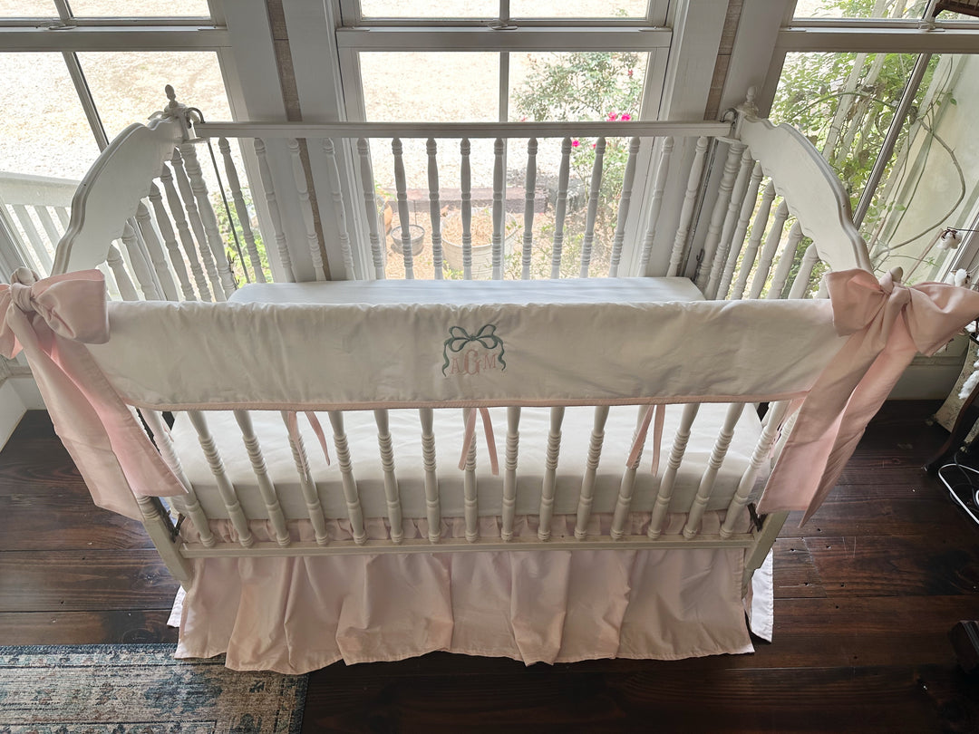Tailored Crib Rail Cover Set — White Rail Cover with Pink Piping, Gathered Crib Skirt & Crib Bows | Baby Girl Nursery Bedding | Monogram Option