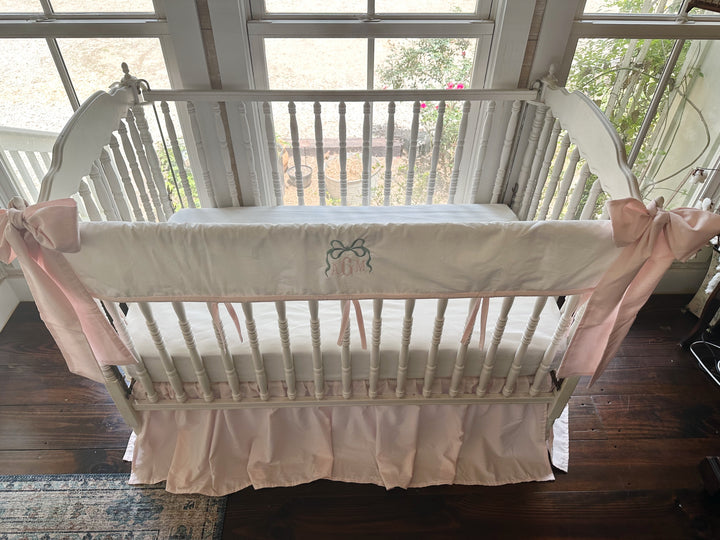 Tailored Crib Rail Cover Set — White Rail Cover with Pink Piping, Gathered Crib Skirt & Crib Bows | Baby Girl Nursery Bedding | Monogram Option
