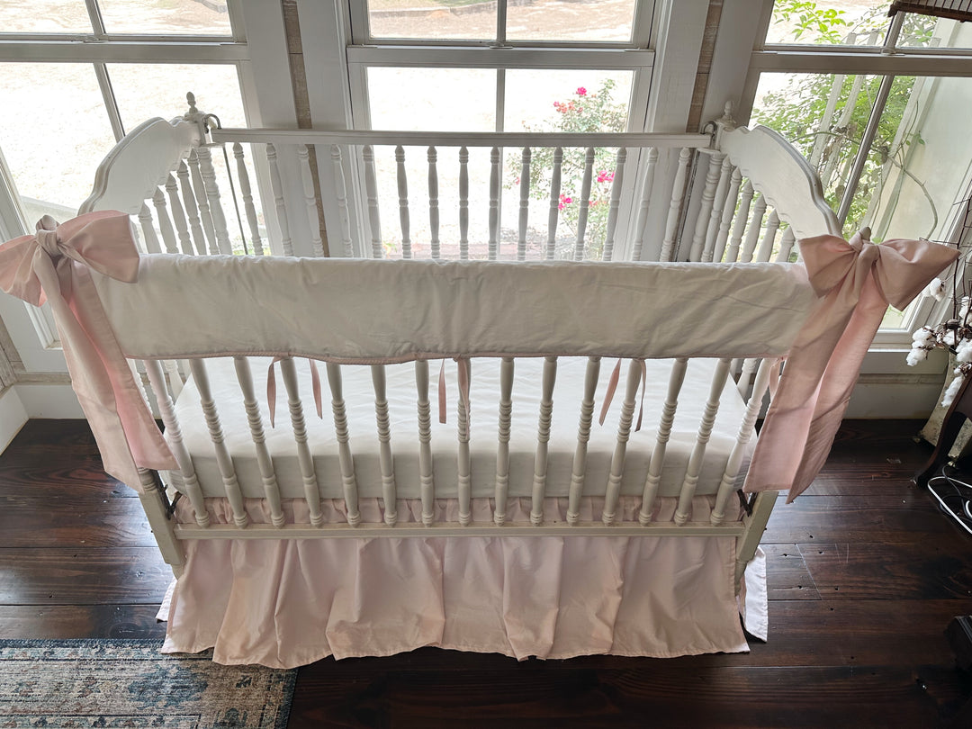 Tailored Crib Rail Cover Set — White Rail Cover with Pink Piping, Gathered Crib Skirt & Crib Bows | Baby Girl Nursery Bedding | Monogram Option