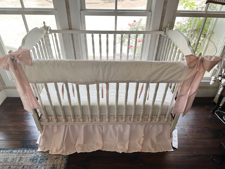 Tailored Crib Rail Cover Set — White Rail Cover with Pink Piping, Gathered Crib Skirt & Crib Bows | Baby Girl Nursery Bedding | Monogram Option