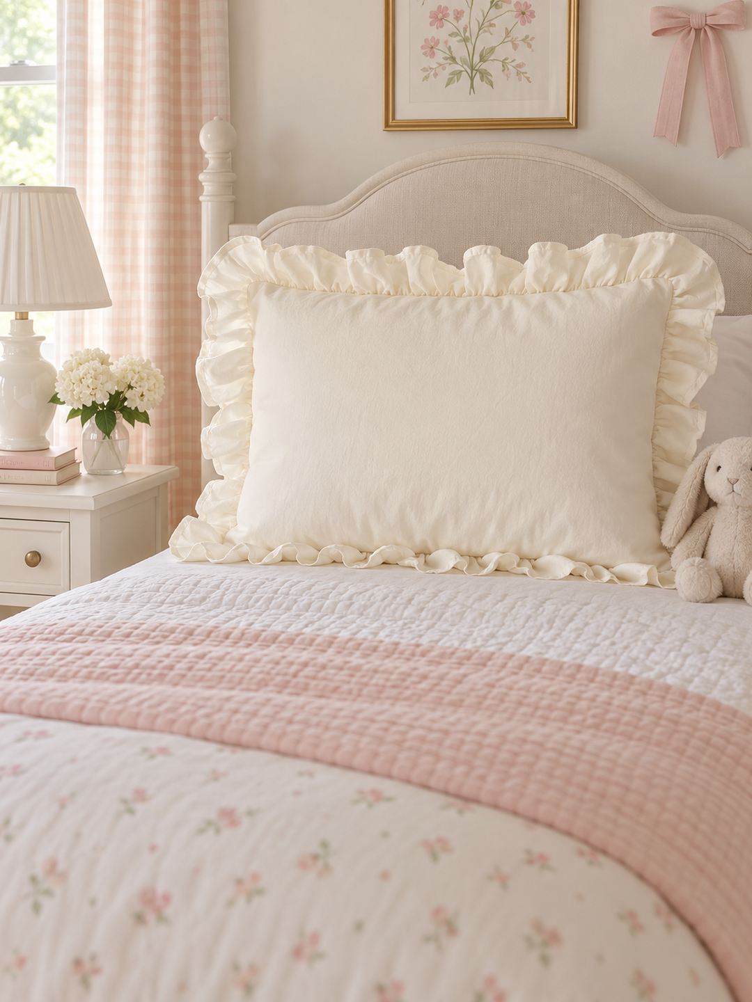 Ivory ruffled pillow sham on a twin bed with a pink floral quilt and gingham curtains - High Cotton Textile
