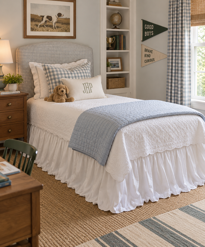 White ruffled twin bed skirt in a boy's room with a blue gingham headboard and a jute rug - High Cotton Textile