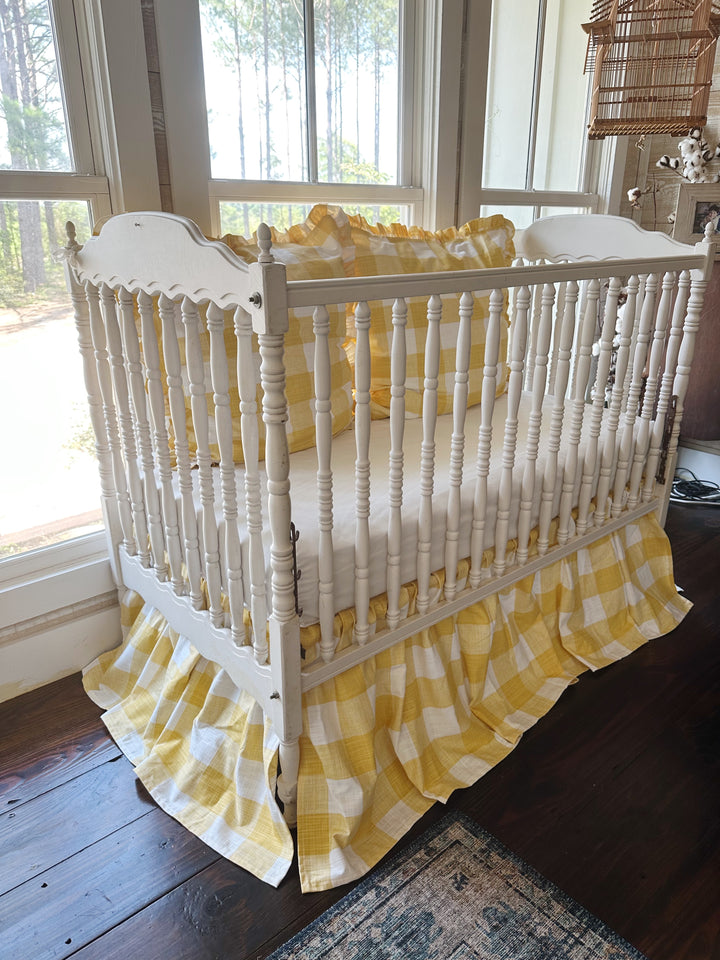Yellow Buffalo Check Crib Bedding Set – Farmhouse Crib Skirt & Ruffled Pillow Shams