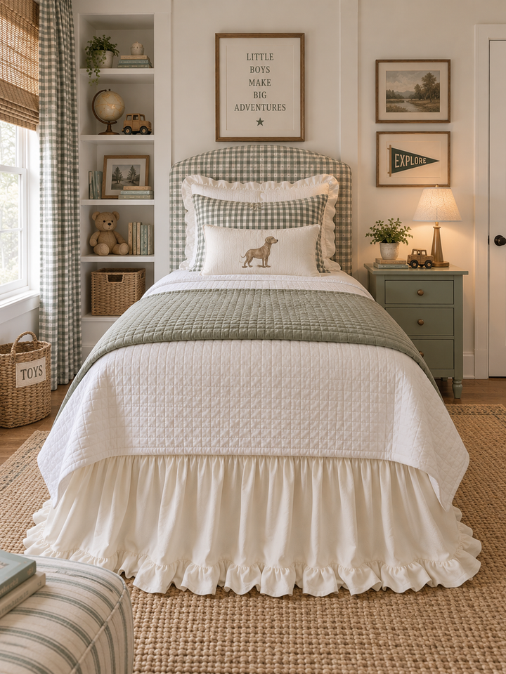Straight on view from the foot of a twin bed showing the ivory ruffled bed skirt in a green gingham room - High Cotton Textile