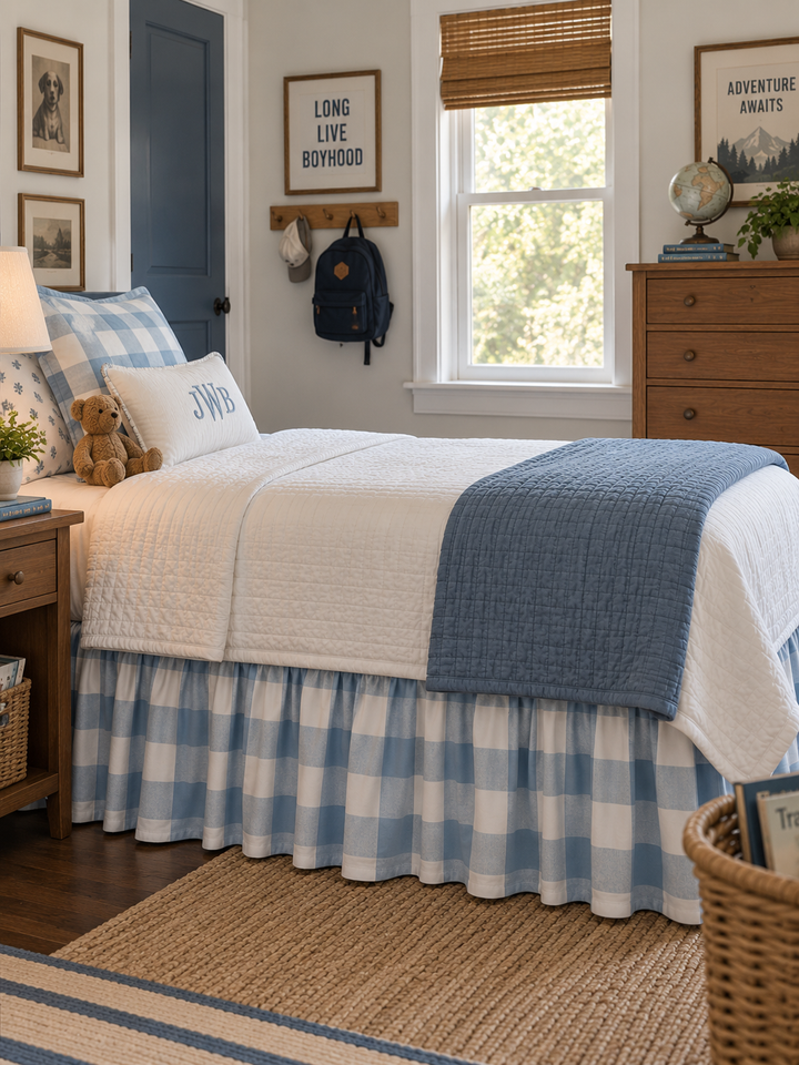 Blue buffalo check farmhouse twin bed skirt along the side of a bed in a boy's room - High Cotton Textile