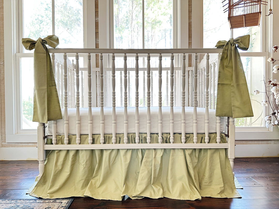 Sage Green Farmhouse Crib Bedding Set | 4-Sided Crib Skirt + 2 Large Crib Bows | Baby Boy, Baby Girl, Gender Neutral Nursery