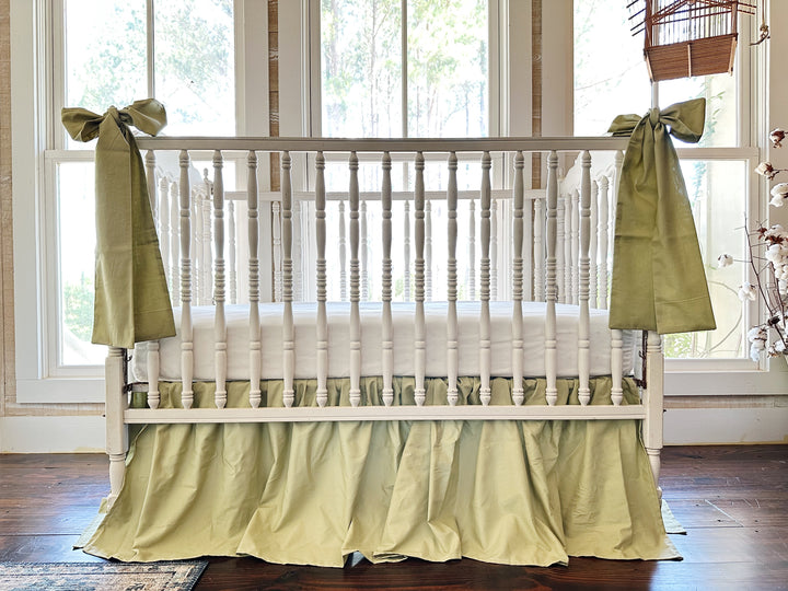 Sage Green Farmhouse Crib Bedding Set | 4-Sided Crib Skirt + 2 Large Crib Bows | Baby Boy, Baby Girl, Gender Neutral Nursery