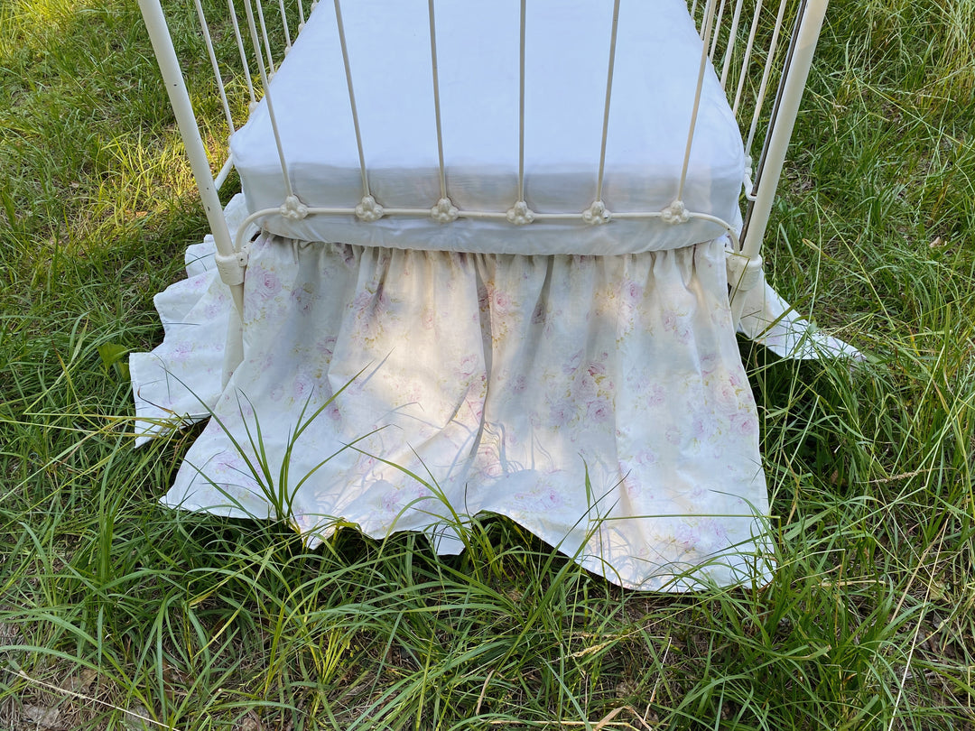 Lavender rose floral crib skirt handmade in Alabama, gathered washed cotton