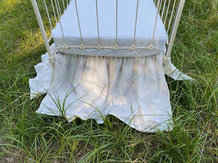 Lavender rose floral crib skirt handmade in Alabama, gathered washed cotton