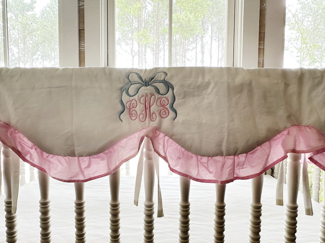 Baby Girl Crib Rail Cover – Cotton Candy Dreams Scalloped Parfait Pink Ruffle | Monogram Option
