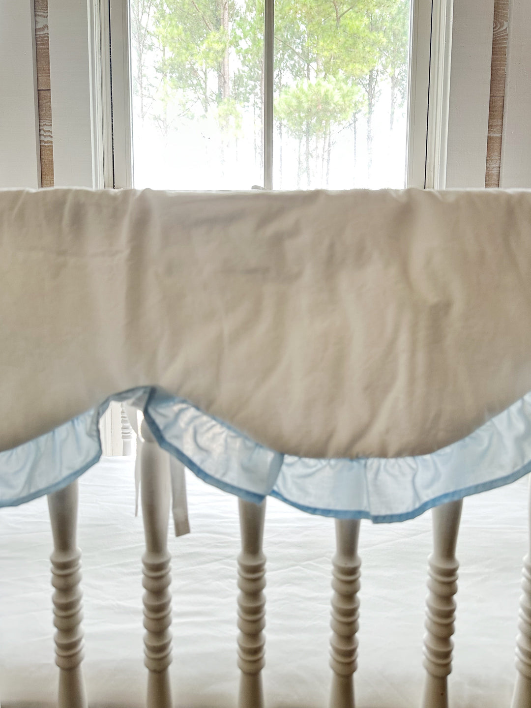 Backlit close view of a single scallop where the blue ruffle gathers along the curved hem