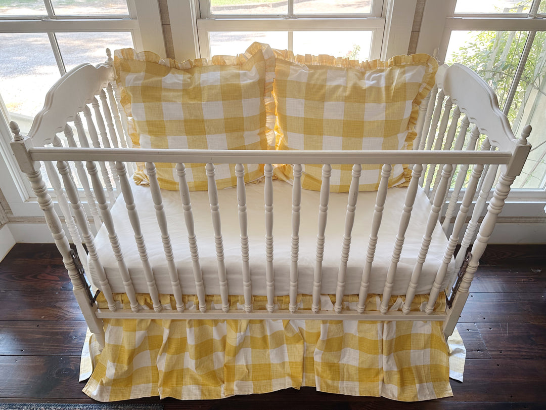 Yellow Buffalo Check Crib Bedding Set – Farmhouse Crib Skirt & Ruffled Pillow Shams