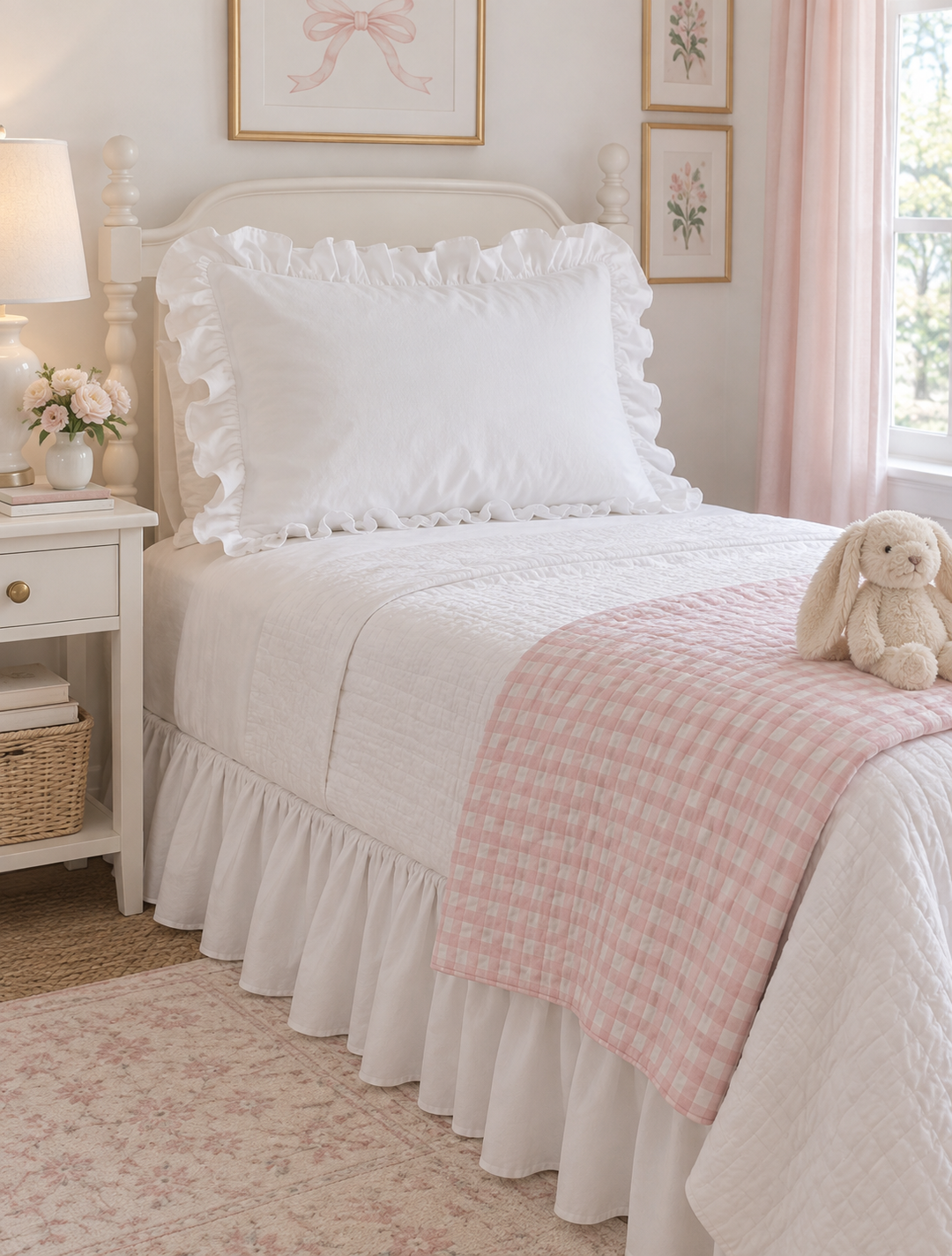 White ruffled pillow sham on a twin bed in a girl's room with a pink gingham quilt - High Cotton Textile