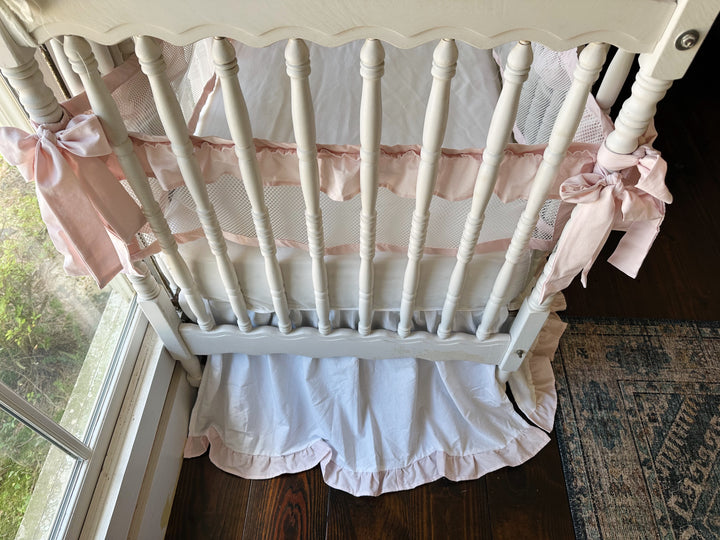 White & Pink Mesh Crib Liner Set + Ruffled Crib Skirt | Safe Sleep Bumper Alternative | Baby Girl Nursery | Handmade