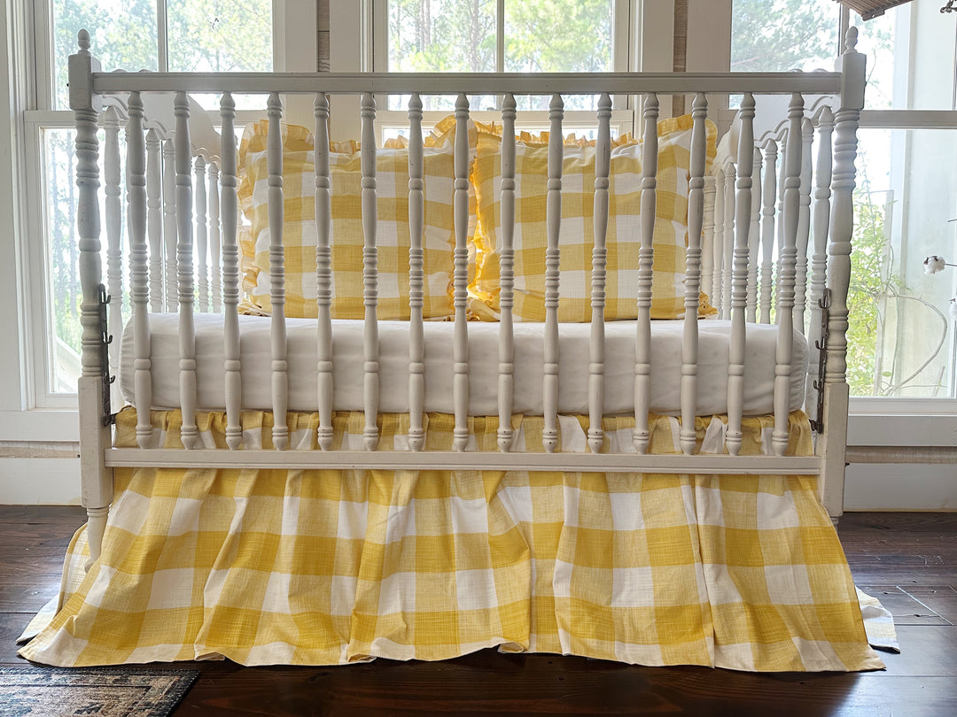 Yellow Buffalo Check Crib Bedding Set – Farmhouse Crib Skirt & Ruffled Pillow Shams