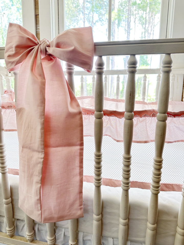 White & Baby Pink Ruffled Mesh Crib Liner, Skirt & Bow Set | Safe Sleep Baby Girl Nursery Bedding