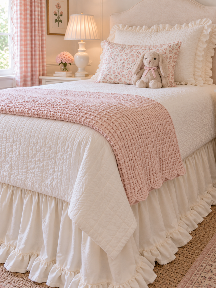 Close up of the ruffled hem and deep gathers on an ivory cotton twin bed skirt - High Cotton Textile
