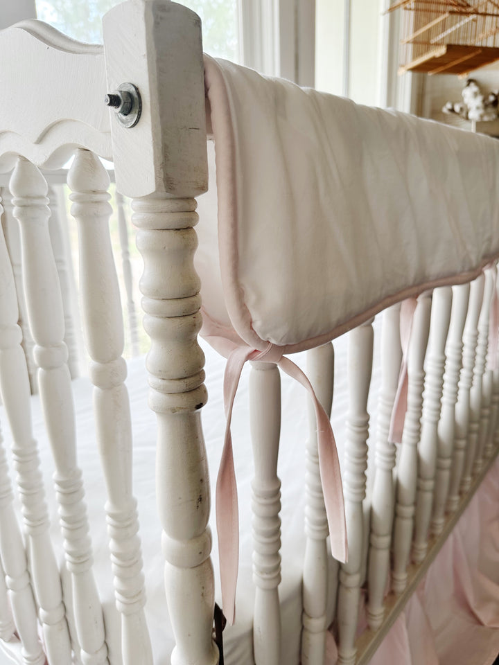 White and Baby Pink Tailored Crib Rail Cover