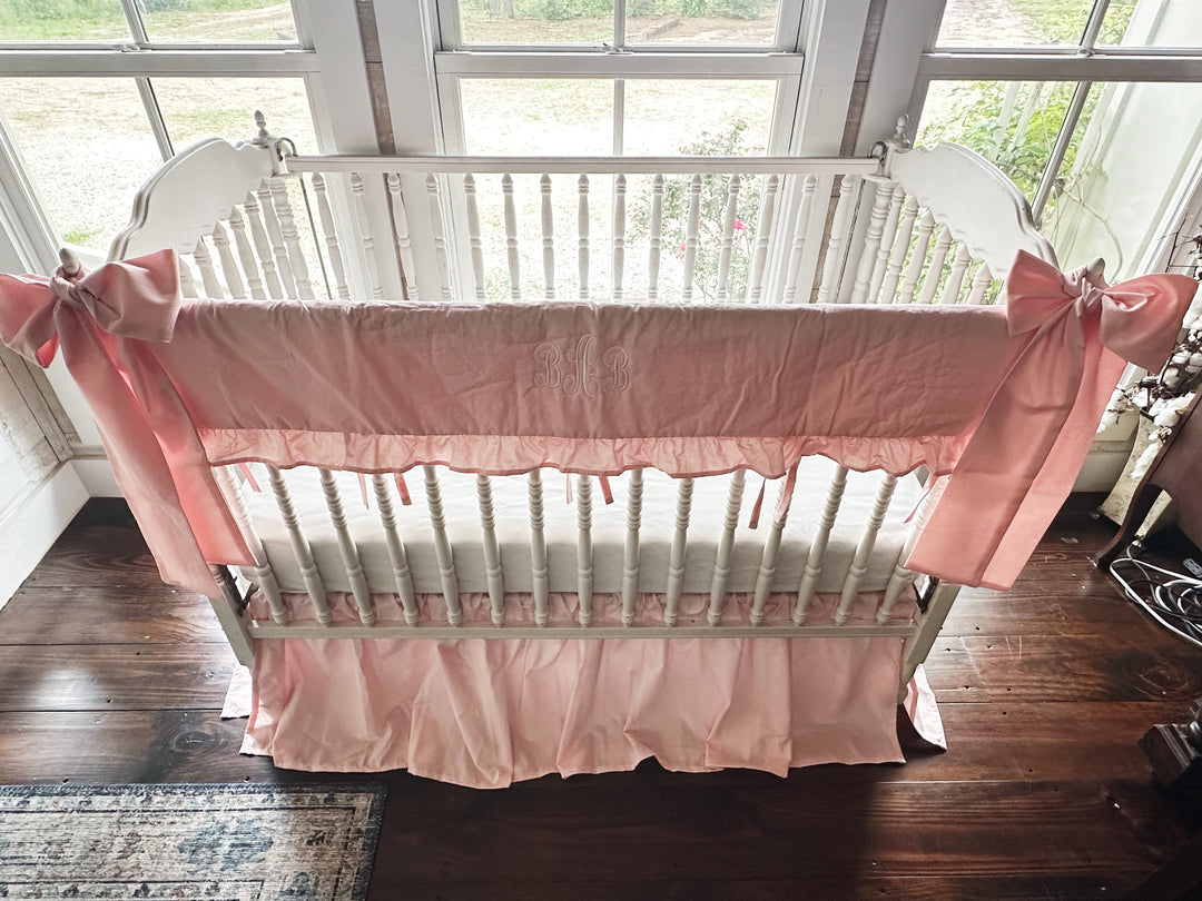 Sisters Pink Ruffled Crib Rail Cover Set with Crib Skirt and Crib Bows