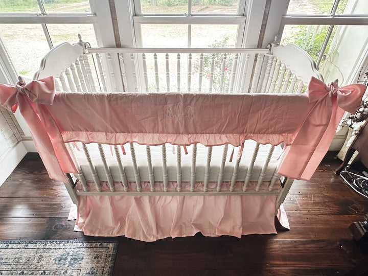 Sisters Pink Ruffled Crib Rail Cover Set with Crib Skirt and Crib Bows