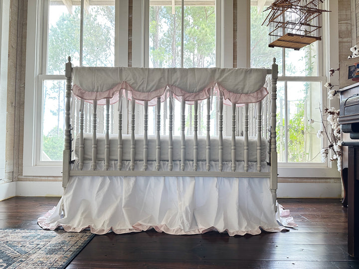 White & Pink Crib Bedding Set | Scallop Rail Cover + Ruffled Crib Skirt | Baby Girl Nursery | Personalized | Handmade