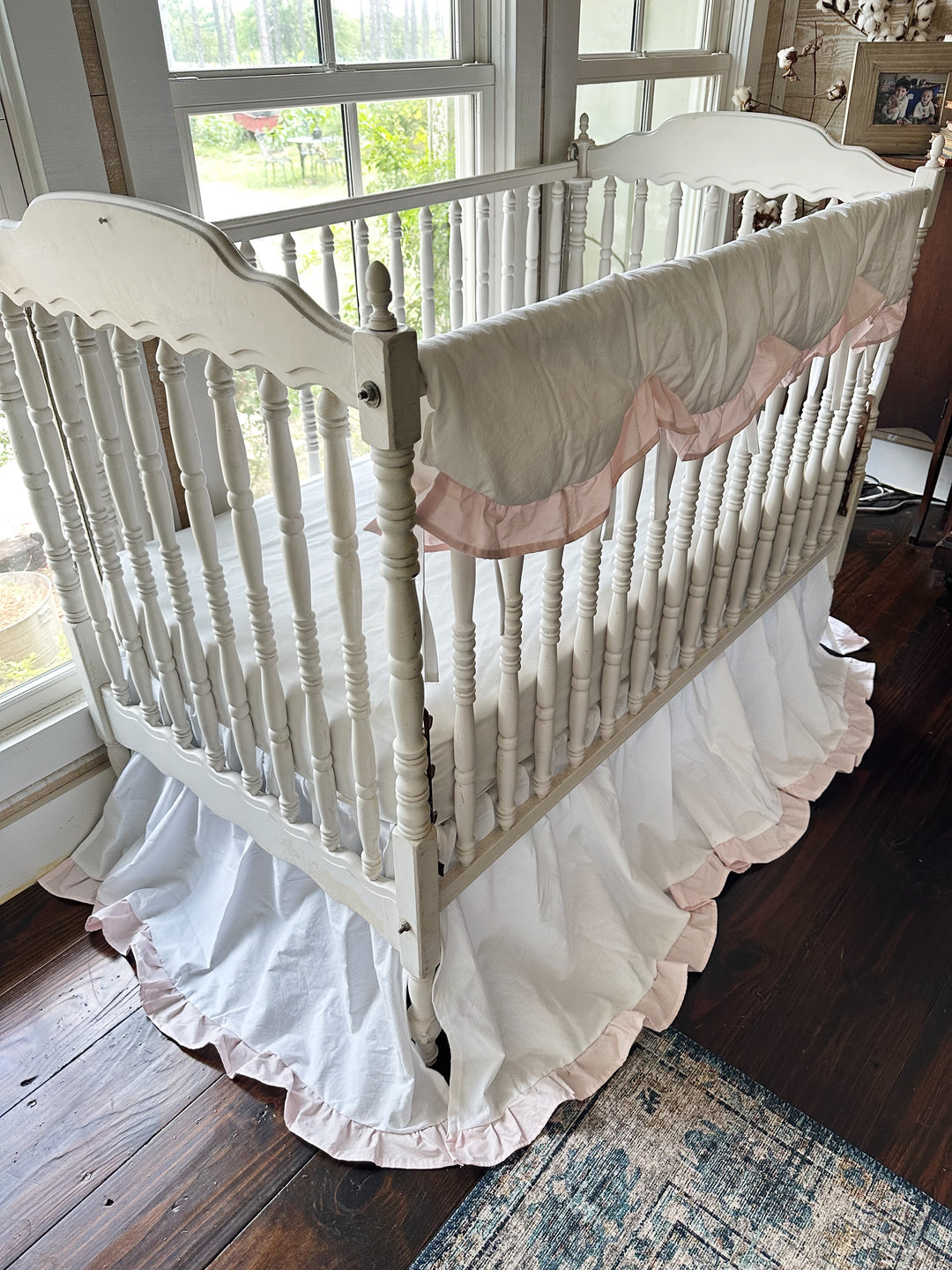 White & Pink Crib Bedding Set | Scallop Rail Cover + Ruffled Crib Skirt | Baby Girl Nursery | Personalized | Handmade
