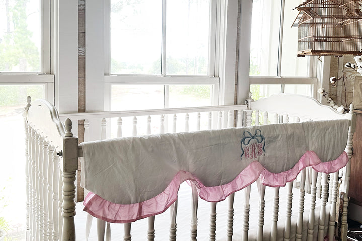 Baby Girl Crib Rail Cover – Cotton Candy Dreams Scalloped Parfait Pink Ruffle | Monogram Option