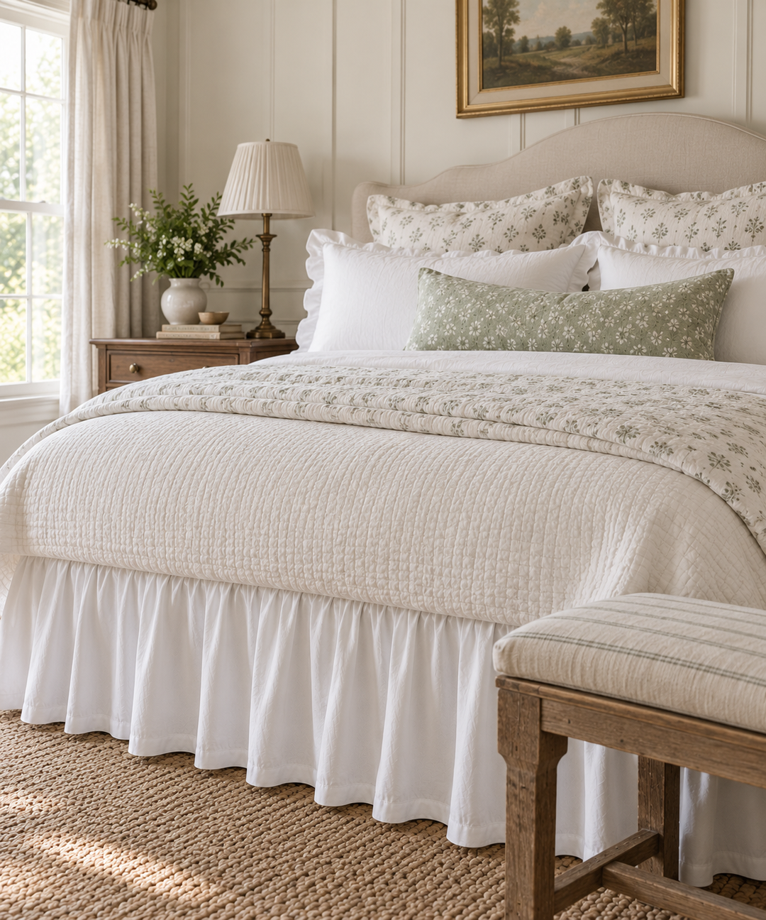 A beautifully styled bedroom featuring a bed dressed in a textured cream quilt, a white farmhouse cotton bed skirt by High Cotton Textile, matching floral pillows, and a sage green accent pillow. The room has white paneled walls, a wooden nightstand with a lamp, and a window with sheer curtains.