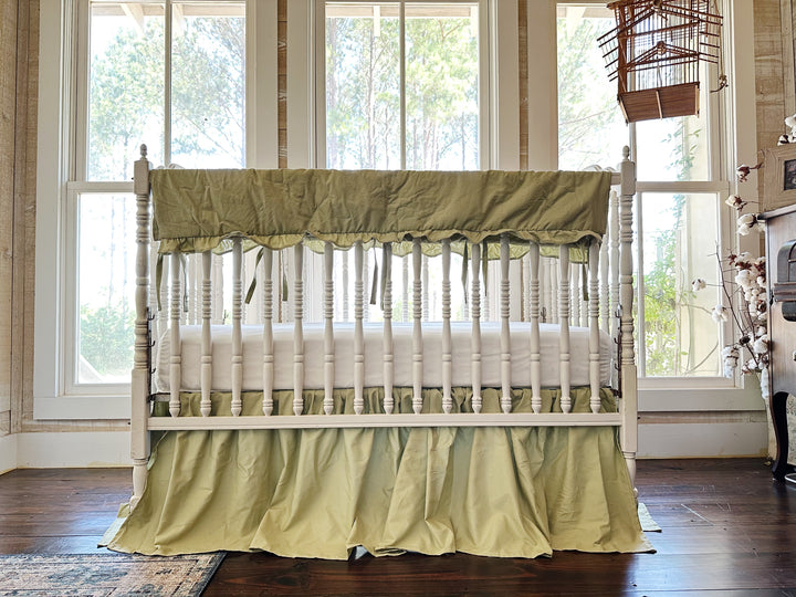 Sage Green Crib Bedding Set | Ruffled Crib Rail Cover + Farmhouse Crib Skirt | Woodland Nursery | Handmade