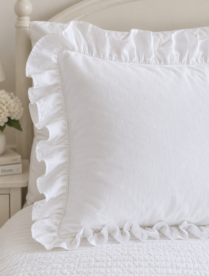 Close up of the gathered ruffle and corner seam on a white cotton pillow sham - High Cotton Textile
