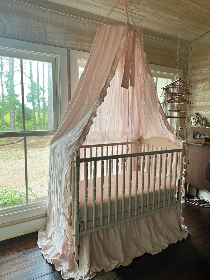 Baby Pink Ruffled Crib Canopy Set | Handmade Heirloom Nursery Bedding