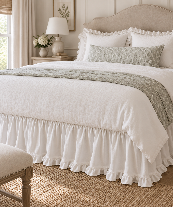 White ruffled cotton bed skirt on a styled bed with a linen headboard, white duvet, sage green quilt and a jute rug, ruffled hem reaching the floor