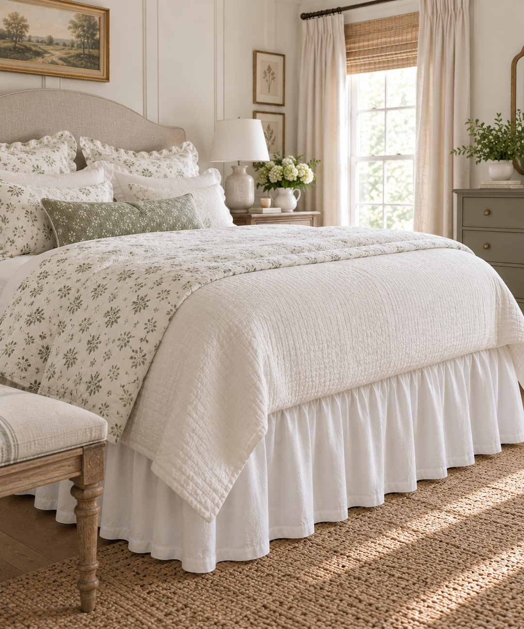 A beautifully styled bedroom featuring a bed dressed in a white farmhouse bed skirt by High Cotton Textile and a cream quilted coverlet with a delicate green floral pattern. The scene is set in a warm, neutral-toned bedroom with a wooden headboard, a matching upholstered bench, a green dresser, and a window with beige curtains.