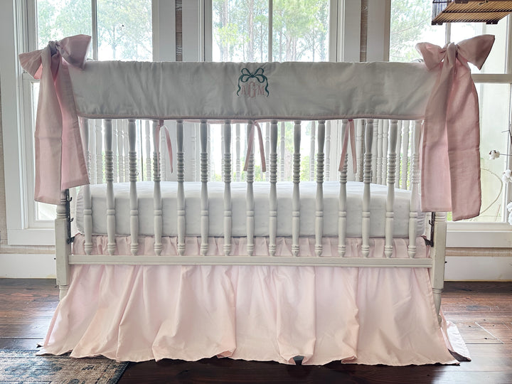 Tailored Crib Rail Cover Set — White Rail Cover with Pink Piping, Gathered Crib Skirt & Crib Bows | Baby Girl Nursery Bedding | Monogram Option