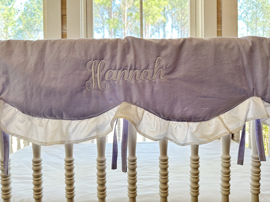 Lavender Scalloped Crib Rail Cover & Farmhouse Skirt Set | Personalized Baby Girl Nursery Bedding