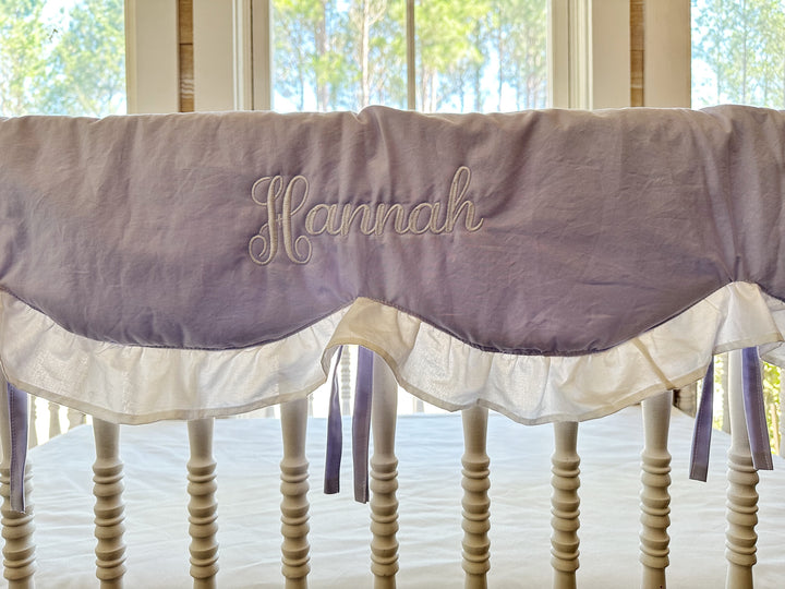 Lavender Scalloped Crib Rail Cover & Farmhouse Skirt Set | Personalized Baby Girl Nursery Bedding