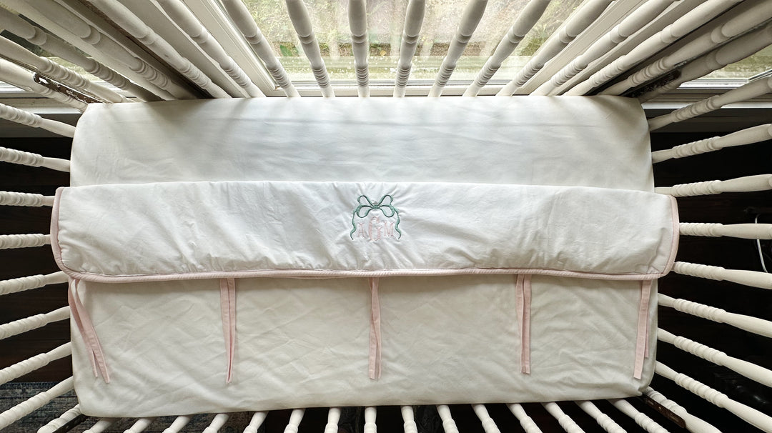 Tailored Crib Rail Cover Set — White Rail Cover with Pink Piping, Gathered Crib Skirt & Crib Bows | Baby Girl Nursery Bedding | Monogram Option