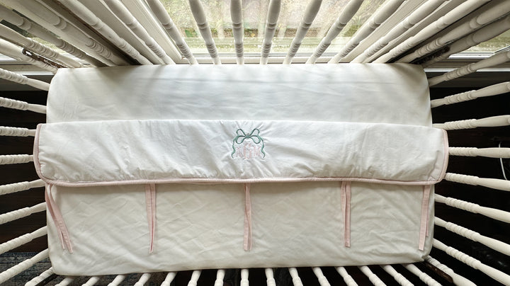 Tailored Crib Rail Cover Set — White Rail Cover with Pink Piping, Gathered Crib Skirt & Crib Bows | Baby Girl Nursery Bedding | Monogram Option