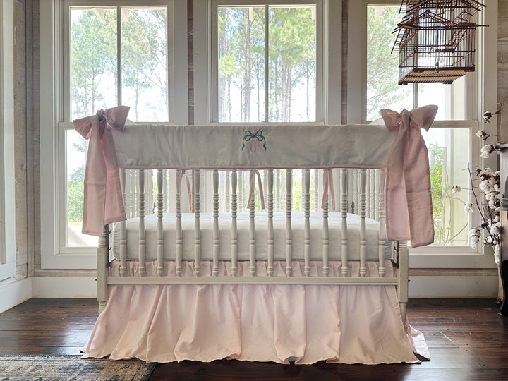 Tailored Crib Rail Cover Set — White Rail Cover with Pink Piping, Gathered Crib Skirt & Crib Bows | Baby Girl Nursery Bedding | Monogram Option