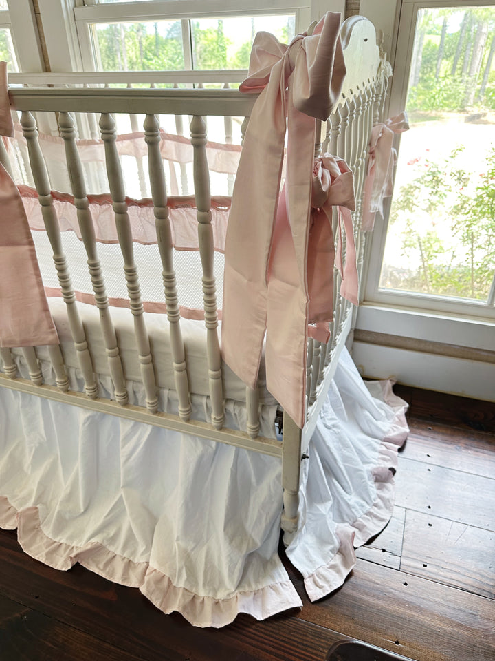 White & Baby Pink Ruffled Mesh Crib Liner, Skirt & Bow Set | Safe Sleep Baby Girl Nursery Bedding