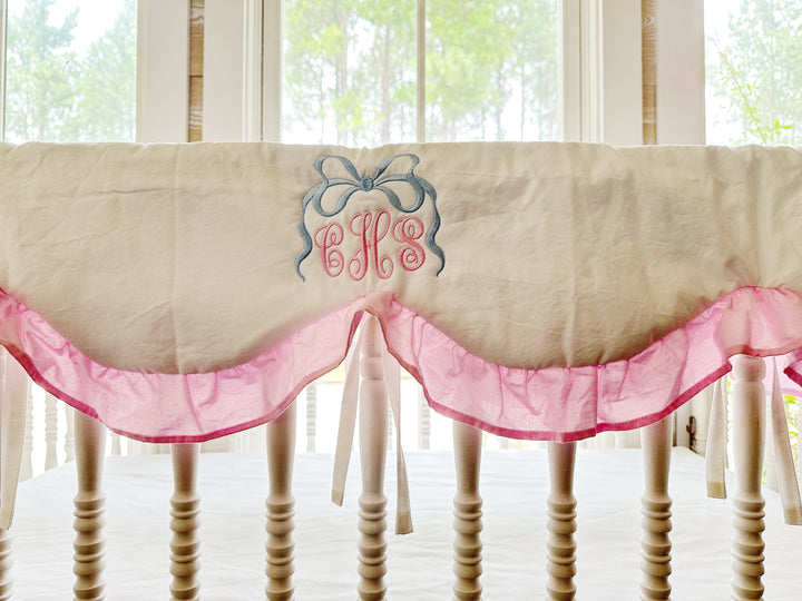 Baby Girl Crib Bedding Set – Cotton Candy Dreams Parfait Pink with Ruffled Crib Rail Cover, Crib Skirt and Bows | Monogram Option