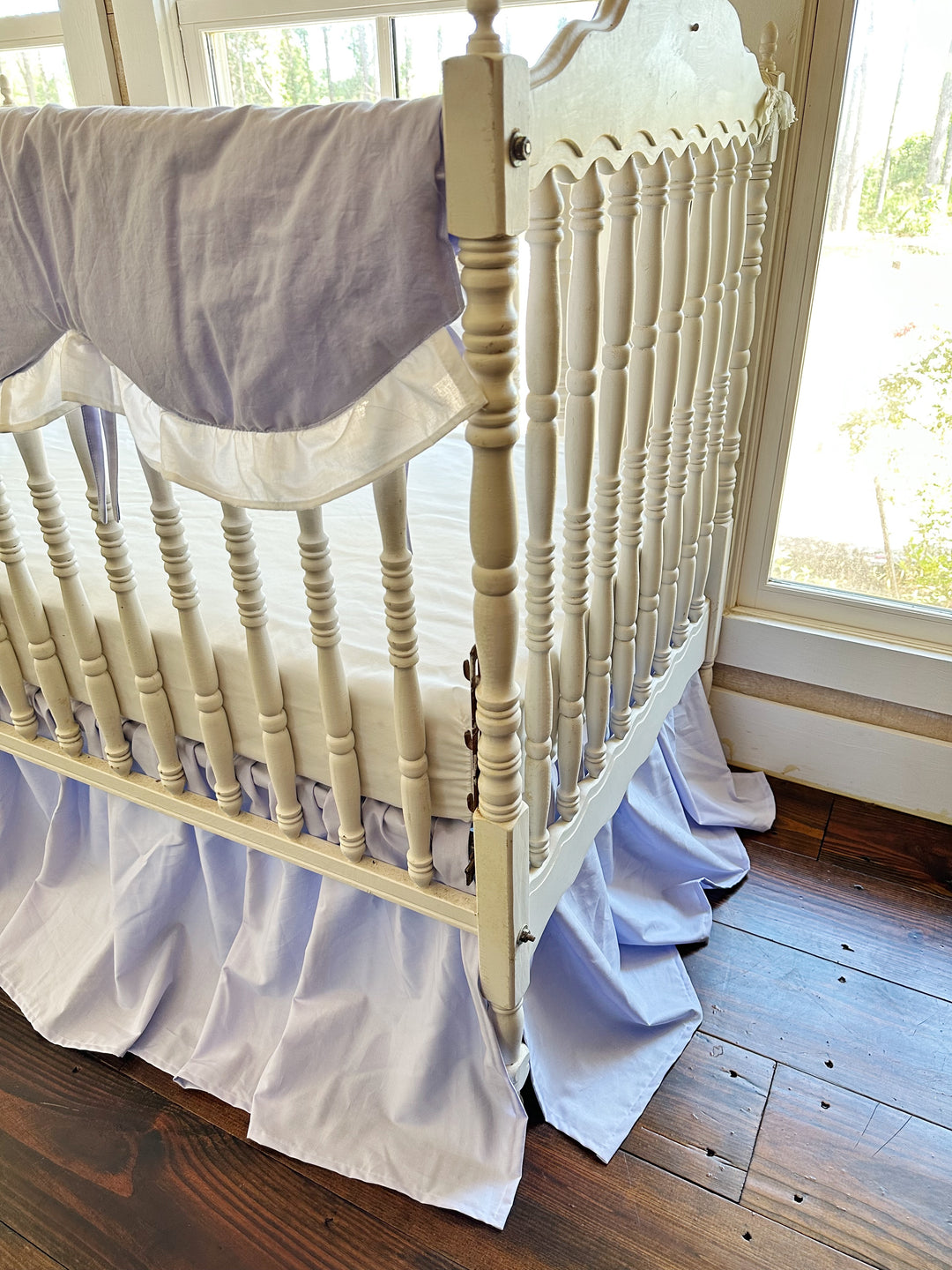 Lavender Scalloped Crib Rail Cover & Farmhouse Skirt Set | Personalized Baby Girl Nursery Bedding