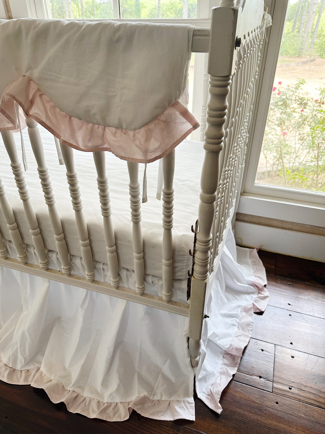 White & Pink Crib Bedding Set | Scallop Rail Cover + Ruffled Crib Skirt | Baby Girl Nursery | Personalized | Handmade
